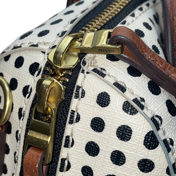 Fossil Women’s White/Black Polka Dot With Brown Handles Duffel Satchel Tote - Picture 6 of 12